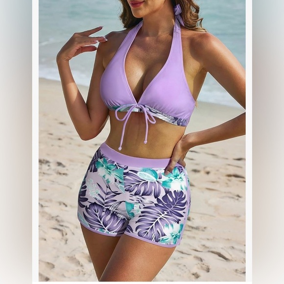 NEW 2 XL Lavender Hawaiian Floral 
Halter Boy-short bikini - Picture 4 of 8